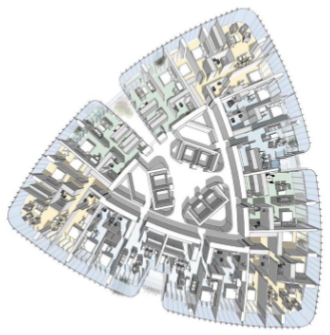 <p>modular shear walls</p><p>sectionally smaller in upper floors to have a lighter structure at the top </p>