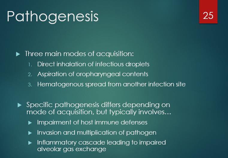 <ol><li><p><strong><u>direct inhalation of droplets</u></strong></p></li><li><p>aspiration of oropharyngeal contents</p></li><li><p>hematogenous spread from another infection site</p></li></ol><p></p>