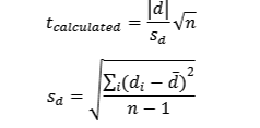 <p>paired t test for comparing individual deifferences; d(i) represents the difference between two results for each sample </p>