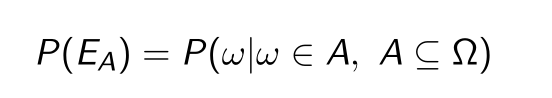 <p>the probability of event A is the probability of outcome omega (Ω), such that omega is a member of the set of outcomes A, where set A is a subset of the sample space can be notated more simply as P(A)</p>
