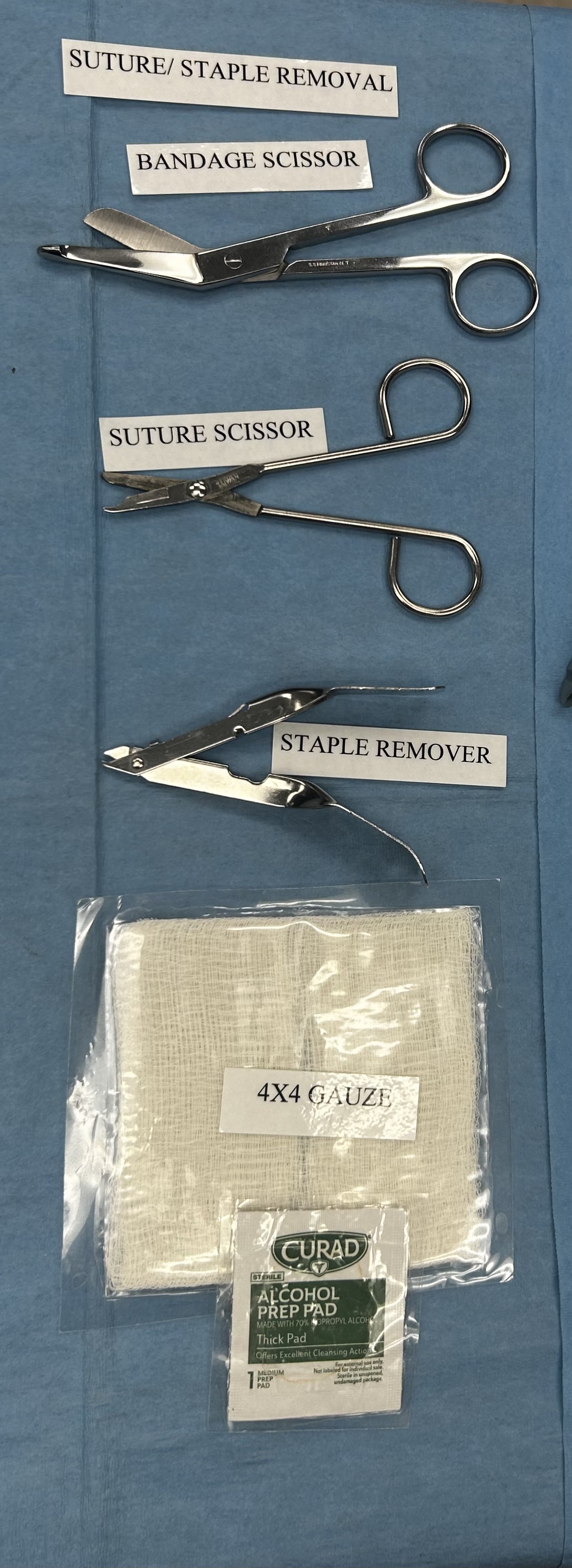 <ol><li><p><span style="color: blue;">bandage scissor</span></p></li><li><p><span style="color: blue;">suture scissor</span></p></li><li><p><span style="color: blue;">staple remover</span></p></li><li><p><span style="color: blue;">4×4 gauze</span></p></li><li><p><span style="color: blue;">alcohol prep pad</span></p></li></ol><p></p>