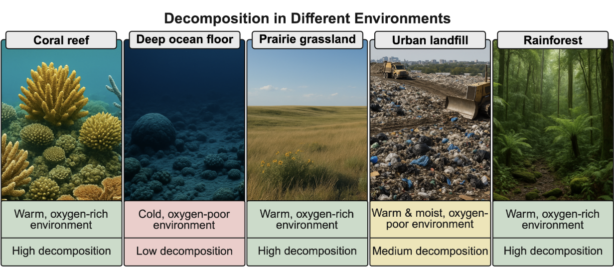 <p><strong>B</strong></p><p>decomp occurs most efficiently in warm, moist, and oxygen-rich environments where microbial activity is high.</p>