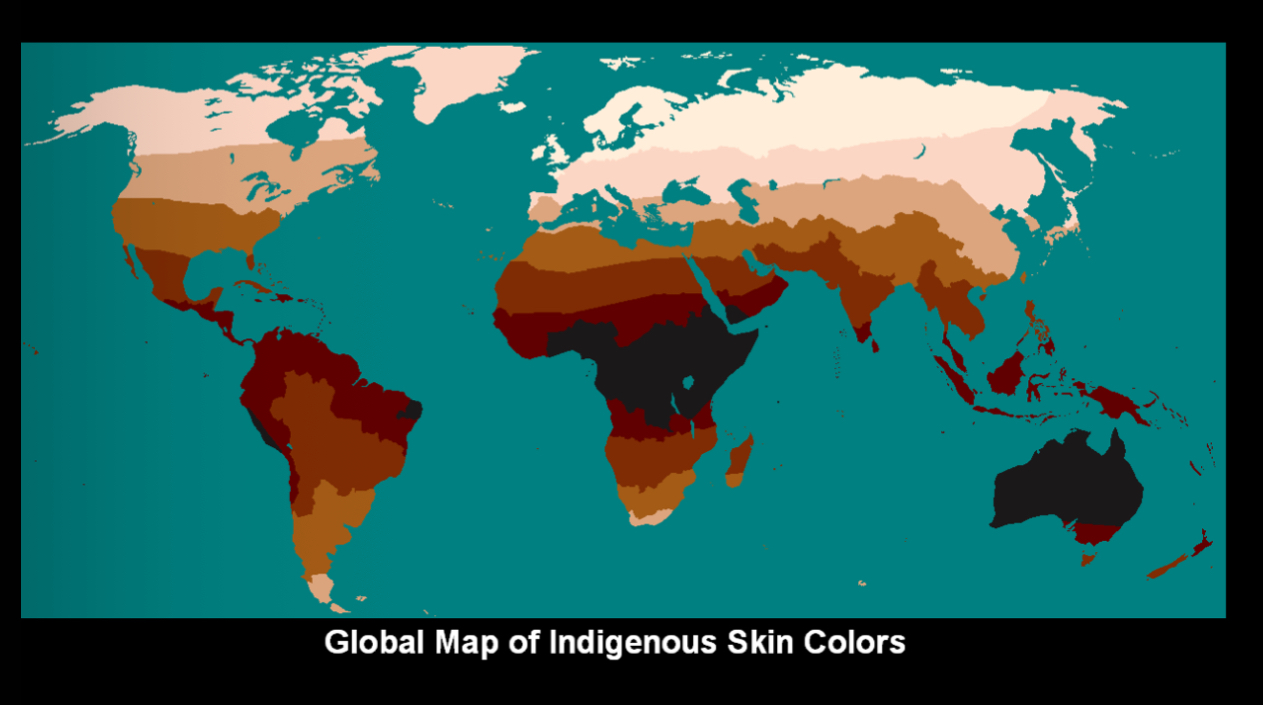 <p>What can you say about this global map of Indigenous skin colours</p>