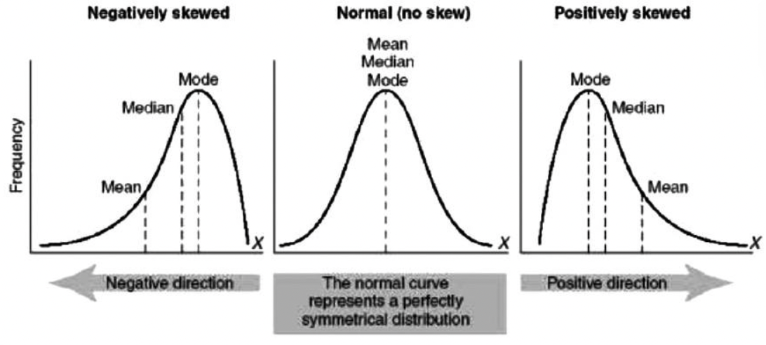 <p>Negatively Skewed = Tail to the left , towards the negative direction </p><p>Normal (No skew) = Normal curve represents a perfectly symmetrical distribution </p><p>Positively Skewed= Tail to the right, towards the positive direction. </p>