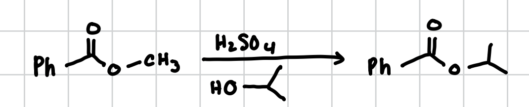 <p>Will attach any -ROH to the oxygen of an ester. </p><p>Reagents H2SO4 + ROH </p>