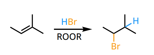 <ul><li><p>regiochemistry: Anti-Markovnikov</p></li></ul><ul><li><p>limitations: only HBr + ROOR (peroxide)</p><ul><li><p>radical mechanism (no carbocation)</p></li></ul></li></ul><p></p>