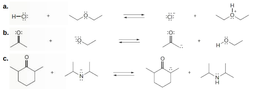 <p>Label the acid and base, and the conjugate acid and base, in the following reactions. Use curved arrows to show the movement of electron pairs.</p>