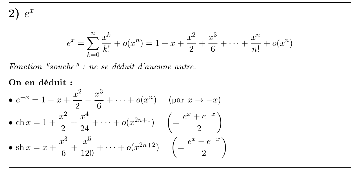 <p>$$e^x = \sum_{k=0}^{n} \frac{x^k}{k!} + o(x^n) = 1 + x + \frac{x^2}{2} + \frac{x^3}{6} + \dots + \frac{x^n}{n!} + o(x^n)$$</p>