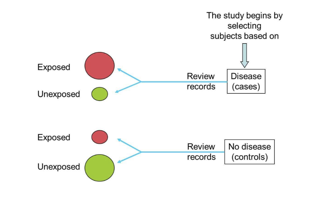 <p>1. Assemble cases with the disease.</p><p>2. Assemble controls without the disease.</p><p>3. Review records or interview participants.</p><p>4. Measure prior exposure status in each group.</p><p>5. Compare the proportions previously exposed and unexposed.</p><p>The direction of enquiry moves backwards from outcome to exposure.</p>