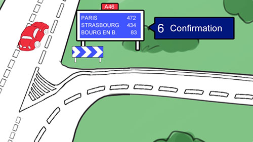 <p>P<span>our les usagers qui n'ont pas emprunté la bifurcation et qui sont restés sur la voie, un panneau situé juste après la sortie rappelle les villes de destination ainsi que le kilométrage restant à parcourir</span></p>