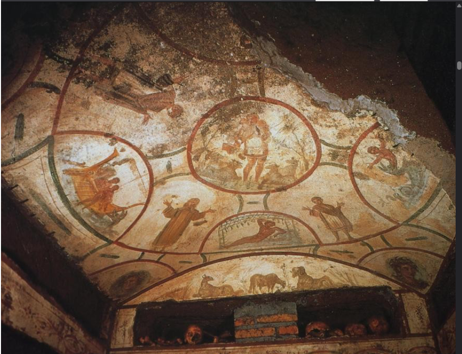 <p>Good Shepherd and Story of Jonah, fresco, Catacomb of SS. Peter and Marcellinus, Rome, 4th c.</p>