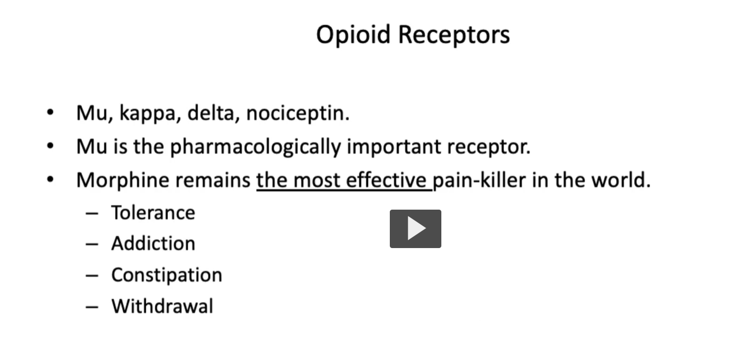 <p><u>Opioid Receptors</u></p><ul><li><p>The <strong>opioid receptors</strong> <strong>include</strong> the <strong>Mu</strong>,<strong> kappa</strong>, <strong>delta</strong>, <strong>nociceptin.</strong></p></li><li><p><strong>Mu</strong> is the <strong>pharmacologically important receptor</strong>. This is because the <strong>Mu receptor</strong> is the <strong>main pharmacological target of drugs </strong>like <strong>morphine.</strong></p></li><li><p>The <strong>activation of the Mu receptor reduces pain perception</strong></p></li><li><p><strong>Morphine</strong> remains <em>the most effective</em> pain-killer in the world.</p></li><li><p>But prolonged use can lead to:</p><ul><li><p>Tolerance</p></li><li><p>Addiction</p></li><li><p>Constipation</p></li><li><p>Withdrawal</p></li></ul></li></ul><p>Understanding receptor subtypes, can guide pain-management strategies.</p>