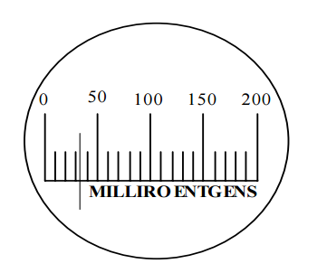 <p>What is the reading of the pocket dosimeter noted below? [Needle aligns at 33]</p><p>A) 33 mR</p><p>B) 40 mR</p><p>C) 30 mR/hr</p><p>D) 28 mR</p>