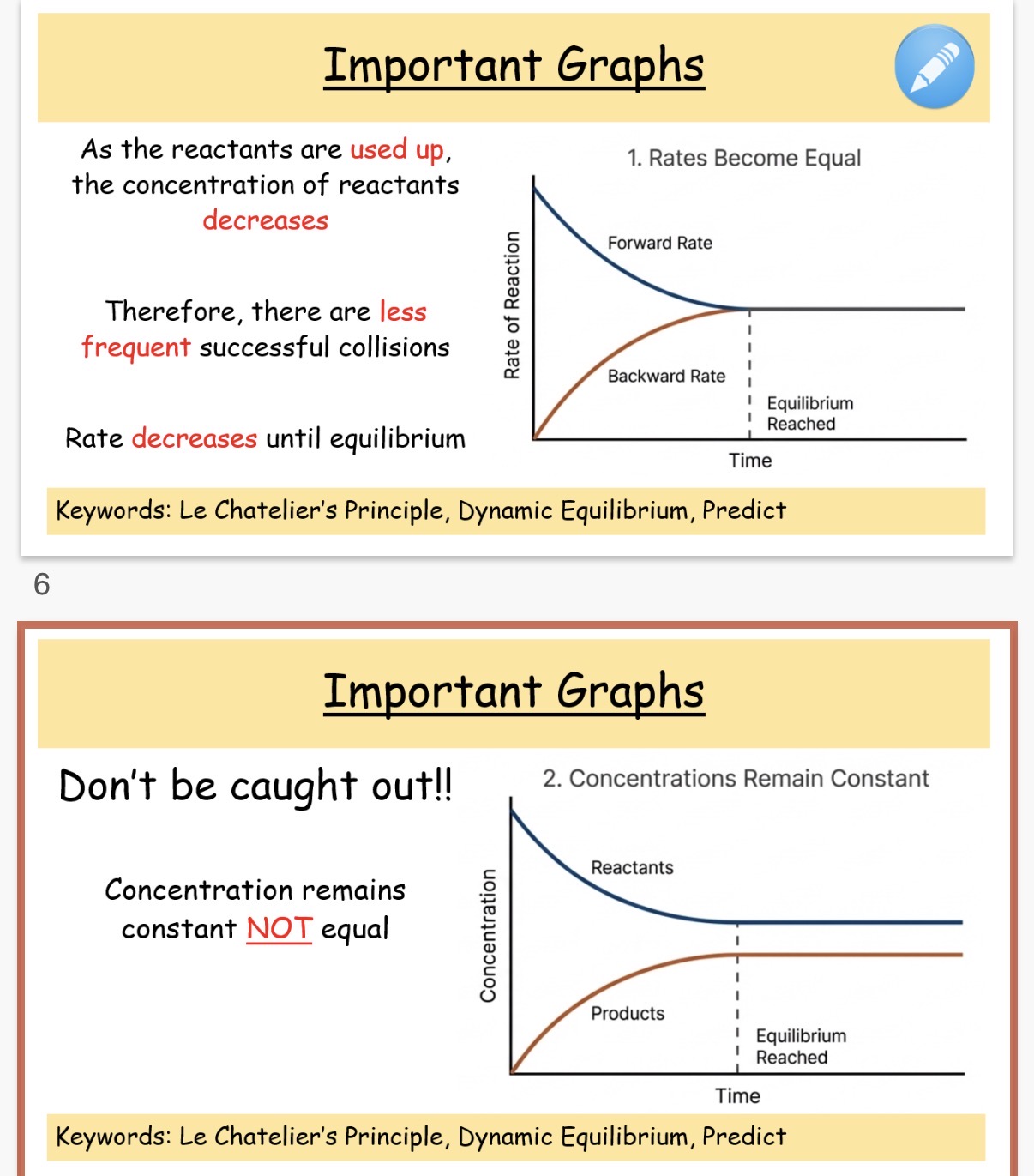 <ol><li><p>What is dynamic equilibrium?</p></li><li><p>Which statement is not always correct for a reaction at equilibrium?</p></li></ol><p>A: The concentrations of the reactants and products are equal.</p><p>B: The equilibrium can be achieved starting from the reactants.</p><p>C: The equilibrium can be achieved starting from the products.</p><p>D: The rate of the forward reaction is equal to the rate of the reverse reaction.</p><p></p><ol start="3"><li><p>What is Le chatelier’s principle?</p></li></ol><p>Note- this shift will either be to the left(backwards reaction) or to the right(forward reaction), depending on which helps to oppose the applied change.</p><p><strong><span>Change in Concentration</span></strong></p><p><span>•When you add or remove a reactant or product, the system tries to restore the ratio.</span></p><ol start="4"><li><p>What happens when you add reactants?</p></li><li><p>What happens when you add product?</p></li><li><p>what happens when you remove product?</p><p><strong><span>Change in Pressure (Gas Systems Only)</span></strong></p><p><span>•Pressure only affects equilibrium if there are gases involved and a different number of moles on each side of the equation.</span></p></li><li><p><span>What happens when the pressure increases in a system?</span></p></li><li><p><span>What happened when the pressure decreases?</span></p><p><strong><span>Change in Temperature</span></strong></p><p><span>•To predict a temperature shift, you must know if the reaction is </span><strong><span>exothermic</span></strong><span> (releases heat) or </span><strong><span>endothermic</span></strong><span> (absorbs heat). Treat "heat" as a physical reactant or product.</span></p></li><li><p>The forward reaction is endothermic. What happens to the position of equilibrium when temperature increases?</p></li><li><p>What happens when the temperature decreases?</p></li><li><p>What happens to the position of equilibrium if the temperature increases and the forward reaction is exothermic?</p><p><strong><span>The Role of a Catalyst</span></strong></p><ol start="12"><li><p>Do catalysts affect the position of equilibrium?</p></li></ol><p><span>A catalyst …13? the activation energy for both the forward and reverse reactions equally. This means the system reaches equilibrium </span><strong><span>faster</span></strong><span>, but the actual concentrations of reactants and products at equilibrium remain exactly the same.</span></p></li></ol><p></p>