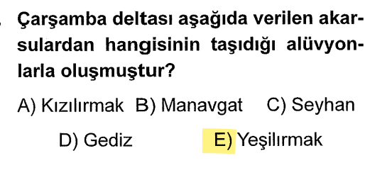 <p>Karadeniz’in en önemli iki deltası vardır. Bunları karıştırmamak için şu kodlamayı kullanabiliriz: <strong>"Yeşil Çarşamba, Kızıl Bafra"</strong>. Yeşilırmak Çarşamba’yı, Kızılırmak ise Bafra’yı oluşturur.</p>
