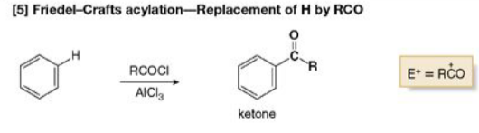 <p>(Replacement of H by RCO) <u>Reagents</u>: <strong>RCOCl </strong>& <strong>AlCl<sub>3</sub></strong> , <u>Product </u>is a <strong>ketone </strong>attached to an<strong> aromatic ring</strong>, <u>Electrophile </u>is <strong>+RCO</strong> </p>