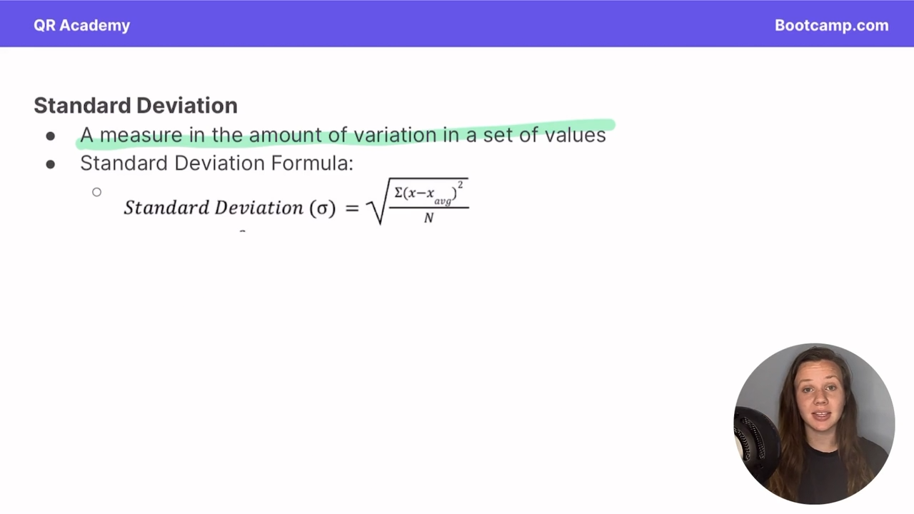 <p>STDDEV = Sqrt ( (sum of all (values - average)²)/N) </p>