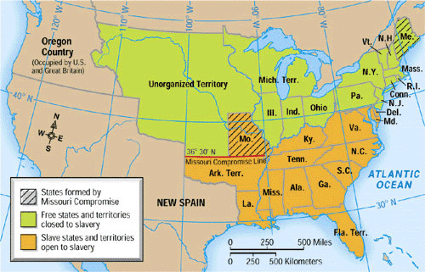 <p>Laws enacted in 1820 to maintain balance of power between slave and free states by making Missouri a slave state and Maine a free state. A line was drawn above Missouri to solve future debates</p>