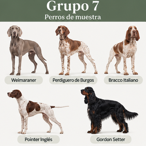 <p>Perros de muestra </p><ul><li><p>Weimaraner </p></li><li><p>Perdiguero de burgos</p></li><li><p>Bracco Italiano</p></li><li><p>Ponter Inglés</p></li><li><p>Gordon Setter</p></li></ul><p></p>