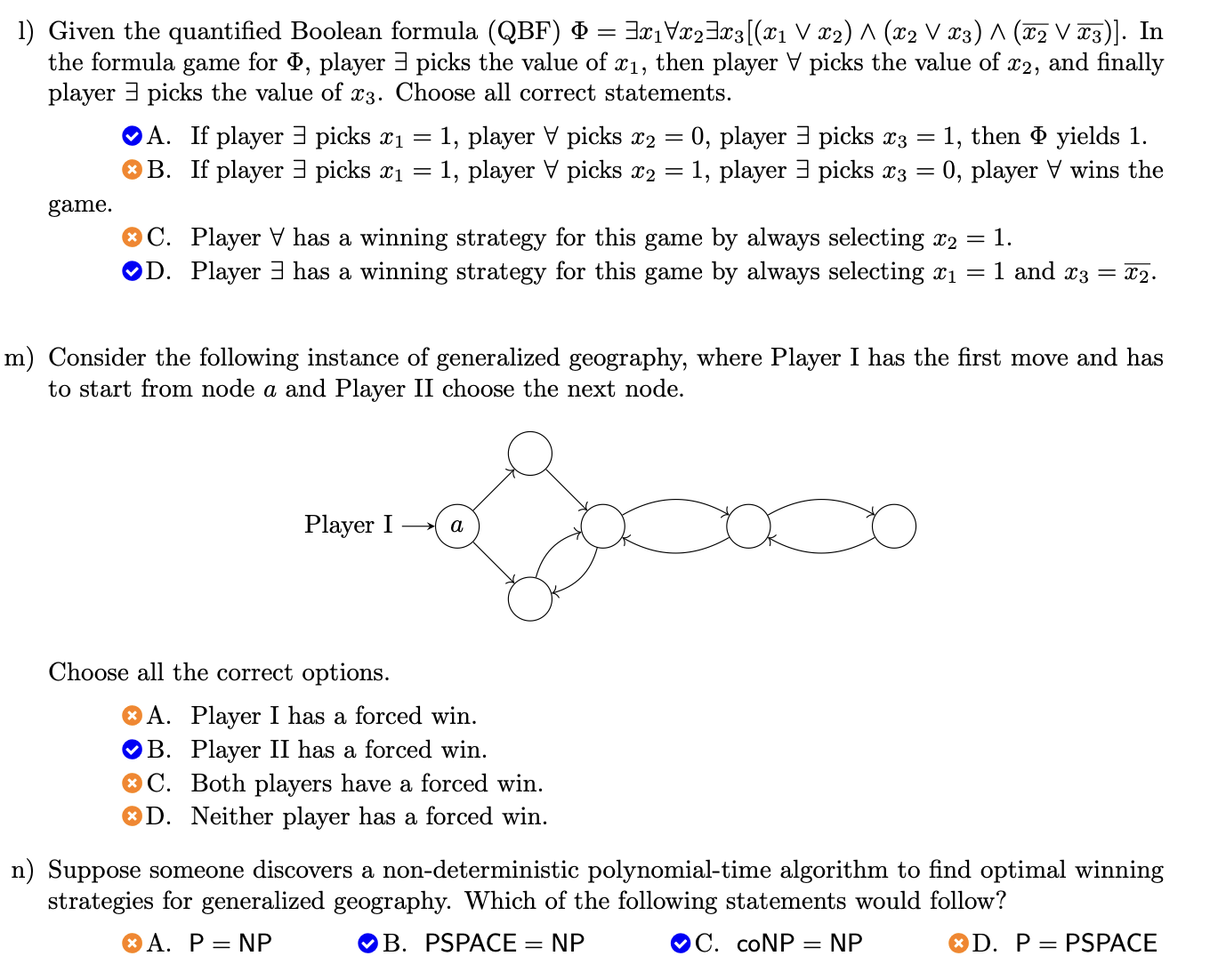 <p>l) A,D</p><p>m) B</p><p>n) B,C</p>