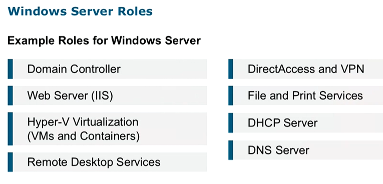 <p>Naming is base on year of release<br>Window server 2000<br>window server 2003<br>^^ppl knew ppl are still using above versions so nobody complained about these being on the slide but when it came to client OS, ppl complained about window XP and vista being on the slide but they werent aware ppl still used them as well <br><br>One thing when client base OS expires and another thing if server base OS expires<br>Server we have data thats confidential, data thats valauble, important applications<br>…<br>Window server 2016, Window server 2019, Window server 2022, etc<br>Sometimes accompanied by “R2” release<br><br>Server Editions<br>- Standard<br>- Enterprise<br>- Datacenter<br><br>Installation OPtions<br>Full instllation w/ GUI<br>Core<br>Nano<br><br>Refer to server services as server roles.. primarily server roles are disabled by default out of the box<br>When u go to enable a server role to provide addiotnal functionality..micrsosft tries to protect us today and install with minimal installation (minimal install, not all possible features of that role.. protects us to maintain principle of least privilege (doesnt apply just to end user, adminsitrators, it apples to everything we do, never have what u dont need, what u have is all u should have and thats all u need to secure) </p>