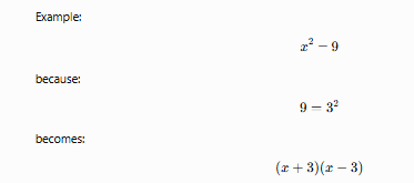<p><strong>Key Point</strong><br>A subtraction between two perfect squares can always be factored.</p><p><strong>Memory Trick</strong></p><blockquote><p><strong>"Difference of squares splits into plus and minus pairs."</strong></p></blockquote><p></p>
