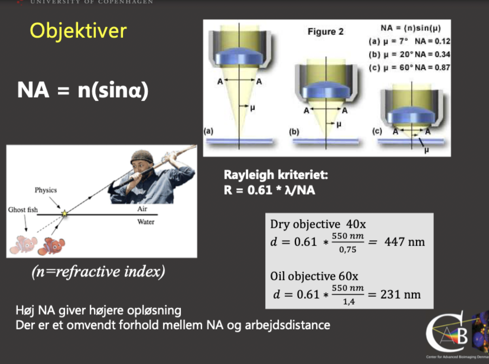 <p><span>NA beskriver et objektivs evne til at indsamle spredte fotoner. Jo højere NA, desto bedre opløsning.</span></p>