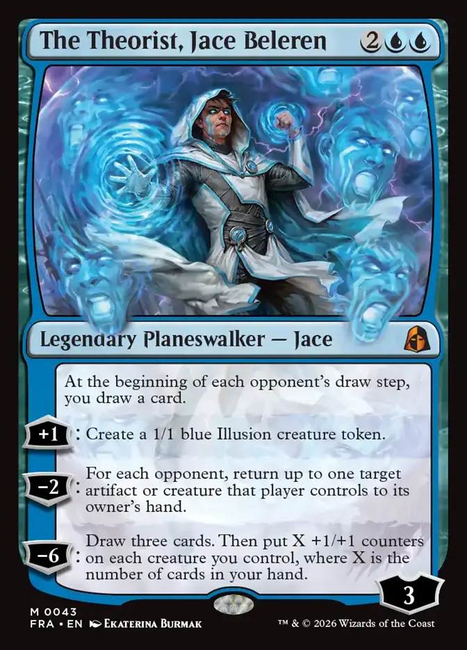 <p>At the beginning of each opponent’s draw step, you draw a card.</p><p>+1: Create a 1/1 blue Illusion creature token.</p><p>−2: For each opponent, return up to one target artifact or creature that player controls to its owner’s hand.</p><p>−6: Draw three cards. Then put X +1/+1 counters on each creature you control, where X is the number of cards in your hand.</p>
