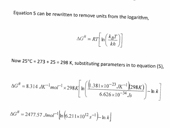 <p>we isolate G from eyring</p><p>Kb( boltzmann constant in JK-1</p><p>room T in K , 25celicius  → 298K</p><p>h plank constant in Js</p><p>we know ln(x/yz)= ln(x/y) - lnz</p><p>we can sub in for k (rate coeffecient) in M-1s-1</p><p>for eg. acetone and then for benzene</p><p>then delta delta G dash = delta G dash (Benzene)- delta G dash (acetone)</p><p>answer in Jmol-1 we should turn it to KJmol-1</p><p>We find rxn favours Polar solvents such as acetone coz they reduce TS free E and stabilise it </p>