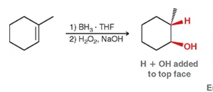 <p>hydroboration-oxidation: will be anti and add an H and OH (anti = anti social = less carbon —> OH will most likely be the end carbon &amp; H will be added adjacently). </p>