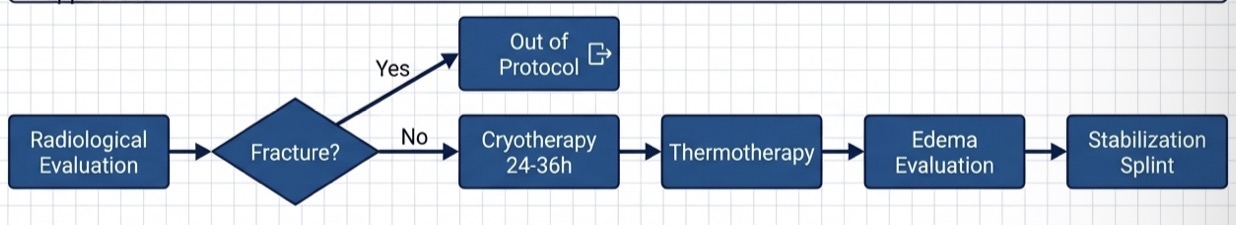 <p>Radiographs (opg or transcranial) to rule out maxilofacial or condylar fractures</p><p>Soft diet, total restricted mastication for 2 weeks, no aggressive pharmacological intervention </p><p>Repeated cryotherapy (first 24-36 hrs) for vasoconstriction , then thermatherapy to remove exudates </p>