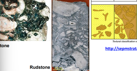 <p>Both have >10% grains larger than 2mm. A [Floatstone](Slide 12) is matrix-supported (grains "float" in mud), while a [Rudstone](Slide 12) is grain-supported.</p>