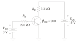 <p>I<sub>B </sub>= (3.0 V - 0.7 V) / 220kohm = 10.45 μA</p><p></p><p>I<sub>C </sub>= βI<sub>B</sub> = 200 (10.45 μA) = 2.09 mA</p><p></p><p>Since I<sub>C </sub>< I<sub>SAT</sub>, it is not saturated </p>
