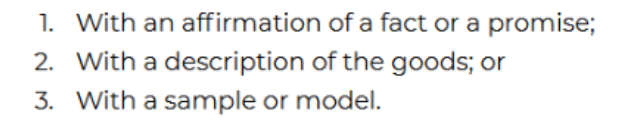 <p>Is a guarantee, created by the words or actions of the seller, that goods will meet certain standards. Under the UCC, a seller may create an express warranty in three ways.</p>