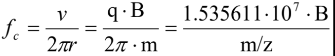 <ul><li><p>frequency depends on magnetic field (B): ↑ B => ↑ frequency &amp; mass to charge (m/z): ↑ m/z = <span>↓ frequency</span></p><ul><li><p>frequency = how fast an ion completes one full circle</p></li></ul></li><li><p><span>the detector measures a wave (frequency signal), and that frequency is plugged into the equation to determine m/z</span></p></li></ul><p></p>