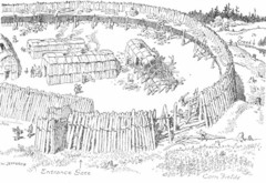 <p>a wall made of tall wooden poles to protect a village from enemies</p>