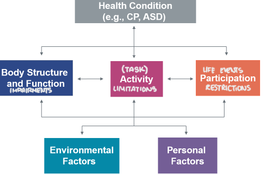 <p>provides a common language and scientific basis for understanding health and functioning by comparing conditions and settings; views disability and functioning as dynamic interactions among heath condition, body structure/function, activity limitations, participation restrictions, environmental factors, and personal factors</p>