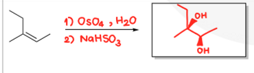 <p>1) OsO4, H2O, 2) NaHSO3, neither regioselective, syn-addition, no rearrangement</p>