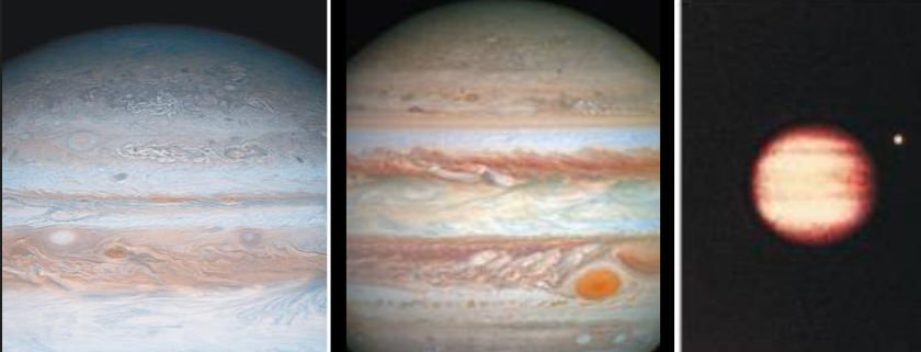 <ul><li><p>because bright</p></li><li><p>light and dark bands due to atmosphere</p></li><li><p>giant “eye”</p></li></ul><p></p>