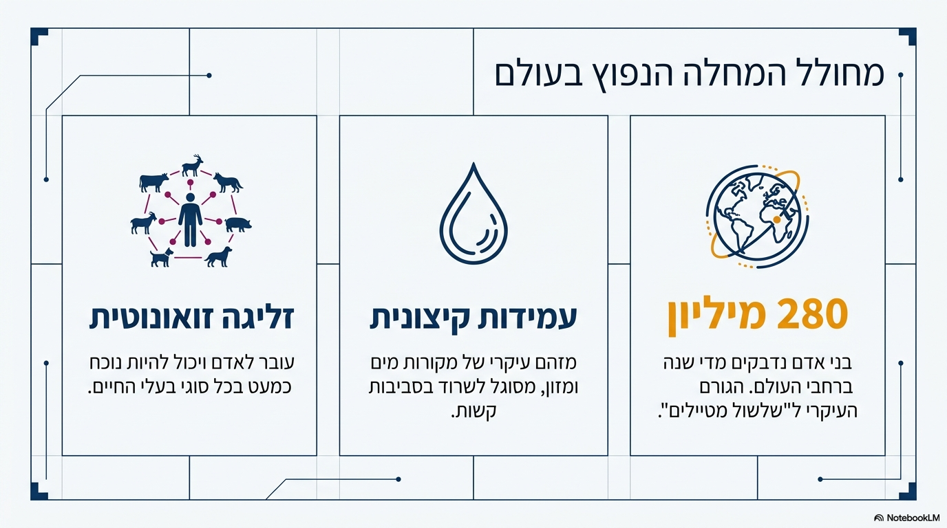 <ul><li><p><strong>חשיבות עולמית:</strong> הג'יארדיה היא <strong>גורם השלשול העיקרי באדם ברחבי העולם</strong> (כ-280 מיליון בני אדם חולים בה מדי שנה).</p></li><li><p><strong>זיהום מים ומזון:</strong> נגרם בעיקר כתוצאה מ<strong>זליגה והפרשות מכל סוגי בעלי החיים</strong> למקורות המים והמזון.</p></li><li><p><strong>מופע קליני:</strong> הגורם המרכזי ל**"שלשול מטיילים"**. מחוללת שלשול אקוטי (שיכול לחלוף מעצמו) ושלשול כרוני ממושך.</p></li></ul><p></p>