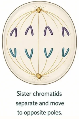 <p>Sister chromatids pulled apart by fibers toward opposite poles. </p>