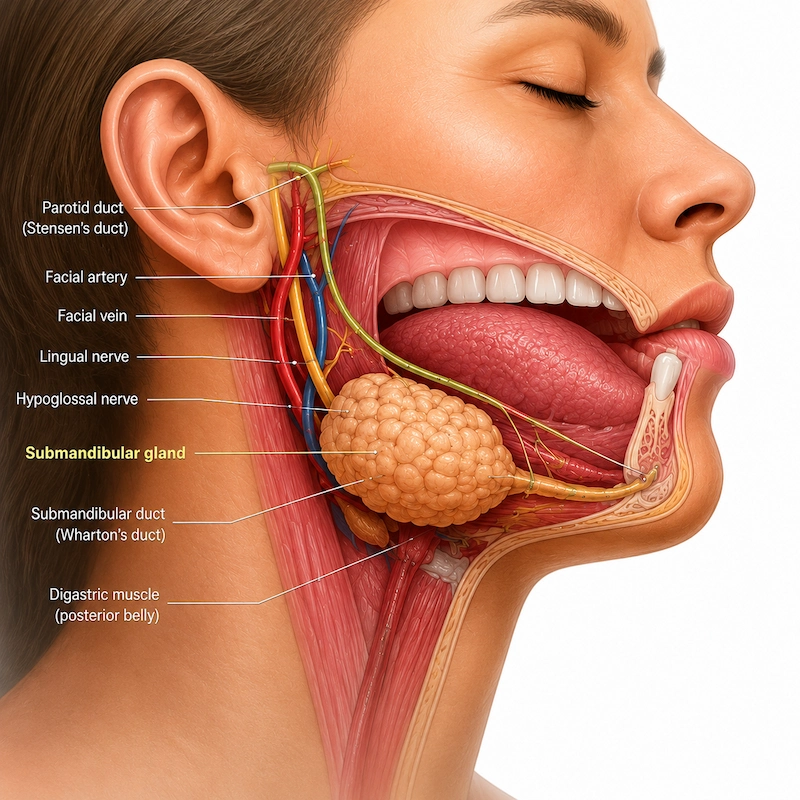 <p>Where are the submandibular glands</p>