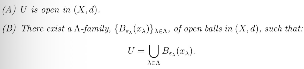 <p>A subset is open if it is the union of a family of open balls in the metric space.</p>