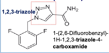 <ul><li><p>triazole derivative(5 membered nitrogen heterocycle) that binds to inactivated form of voltage gated sodium channels</p></li><li><p>lennox gastaut syndrome</p></li></ul><p></p>