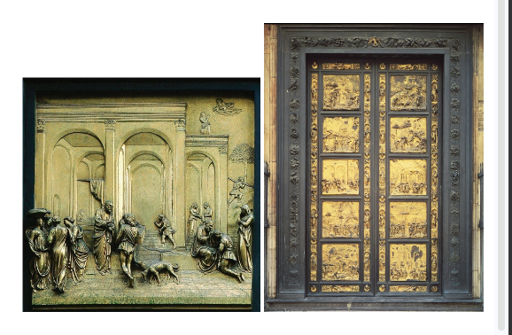 <p>Lorenzo Ghiberti, Florence italy, 1425-1452, gilded bronze.  </p><p>-reflects Renaissance interest in mathematical space and visual order.</p><p>-how artists used perspective, storytelling, and classical ideals in relief carving.</p><p>-Florence Baptistery, one of the most important public art commissions of the time.</p>