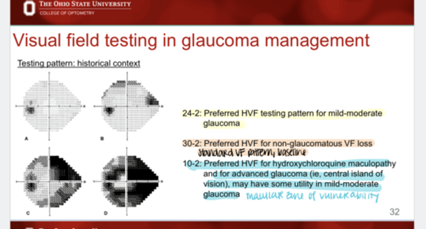 <p>What are 24-2 VF testing patterns used for?</p>