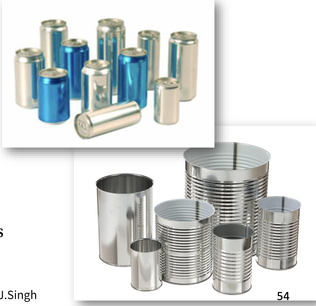 <ul><li><p>metal can is lighter , easy adhesion for polymer films</p></li><li><p>material: aluminum / steel</p></li><li><p>could be adapted for different needs </p></li></ul><p></p>