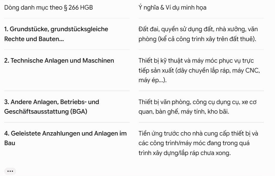 <ul><li><p>Grundstücke, grundstücksgleiche Rechte und Bauten einschließlich der Bauten auf fremden Grundstücken </p></li><li><p>technische Anlagen und Maschinen</p></li><li><p>andere Anlagen, Betriebs- und Geschäftsausstattung </p></li><li><p>geleistete Anzahlungen und Anlagen im Bau </p></li></ul><p></p>