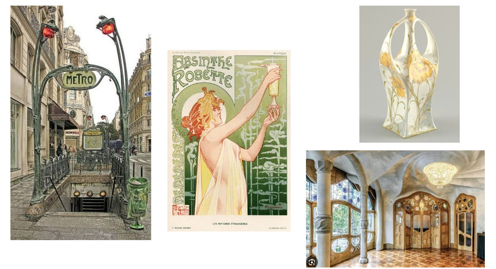 <ul><li><p><span>Art Nouveau drew heavy design inspiration from nature and organic forms, focusing on dynamic plant stalks (la tige), curving flowy lines, marine life, and insects.</span></p></li><li><p><span>It was deeply influenced by Japonisme, incorporating asymmetrical framing, flat planes of color, and sweeping contour lines inspired by imported Japanese woodblock prints (ukiyo-e) and decorative crafts.</span></p></li><li><p><strong>Symbolism</strong>: It embraced mystical, psychological, and dreamlike themes, focusing on emotional states, and the supernatural rather than realistic representation</p></li><li><p><strong>Rococo</strong>: It borrowed the 18th-century style's characteristic asymmetrical, swirling, and flowing scrollwork and shell-like curves.</p></li></ul><p></p>