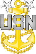 <p>Gold fouled anchor with silver USN centered across the anchor below two silver stars</p>